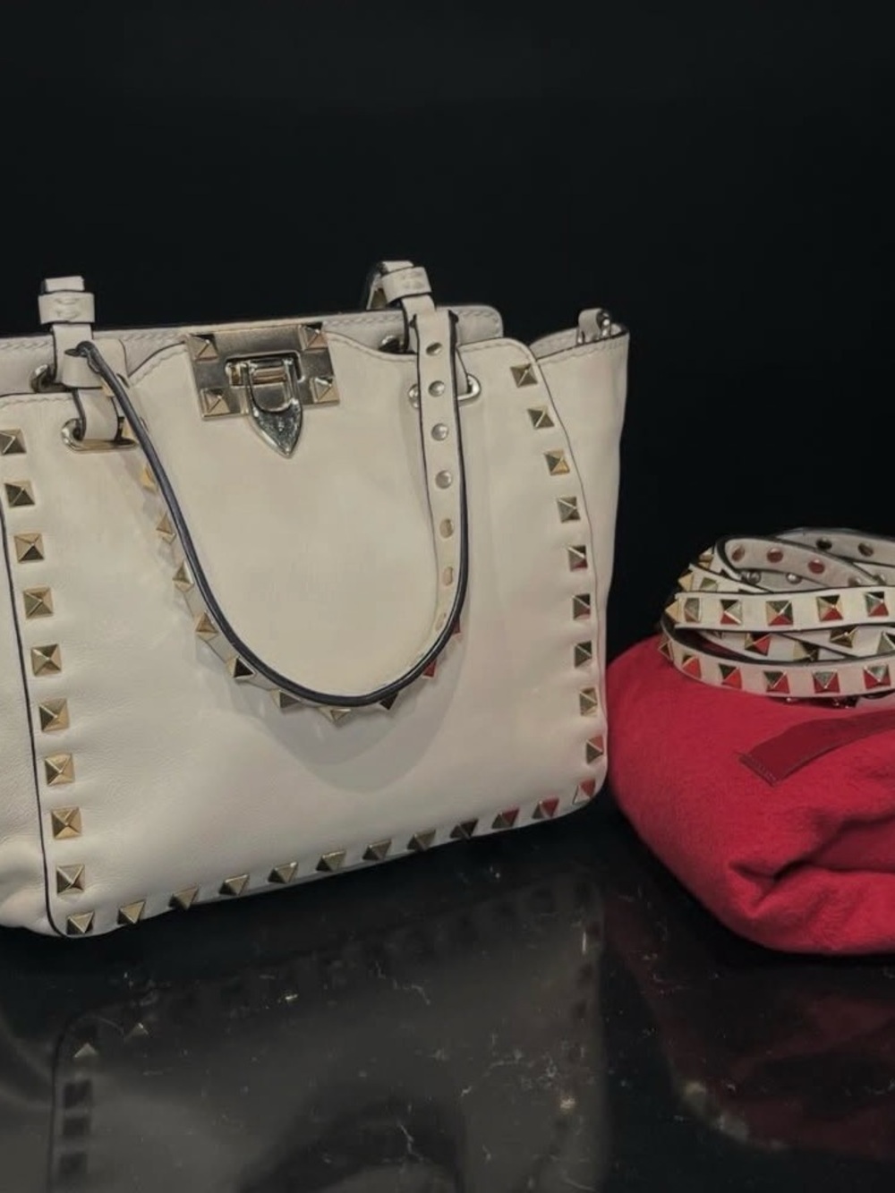 Valentino White Rockstud Leather Tote with Detachable Stud Strap